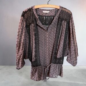 Rebecca Taylor Swiss Dot & Lace Button Up Drawstring Tie Tunic Top L Whimsigoth